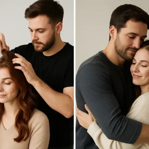 Woman Is Having Her Hair Styled by a Man