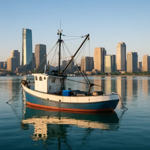 Fishing Boat Floats in a Calm Harbor