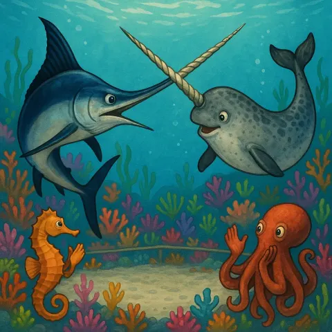 Narwhal and a Swordfish Engaging in a Contest
