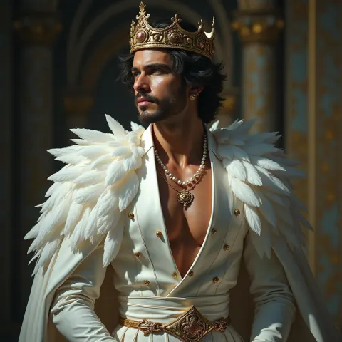 Transmasculine King Adorned With Pearls and Swan Plumes