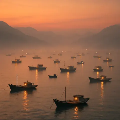 Numerous Small Fishing Boats Are Scattered Across a Vast