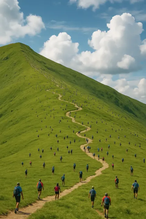 Widespread Scattering of Many Distant Hikers Ascends a Winding Trail