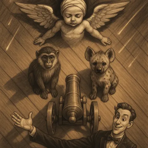 Winged Charcoal-sketch Infant with Headwrap and a Dramatically Posed Disney-Pixar