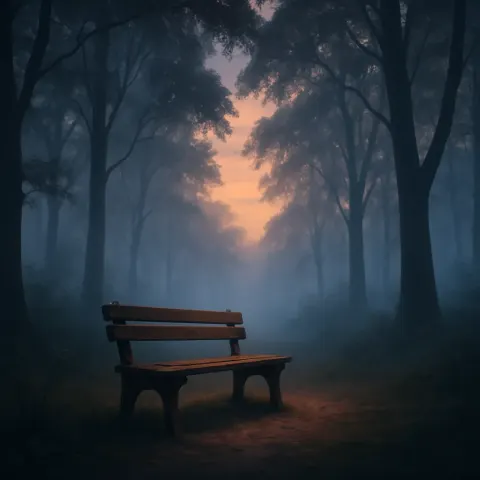 Enchanting Early Morning Setting with a Wooden Bench
