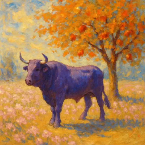 Serene Impressionistic Painting Depicts a Regal Bull in Shades