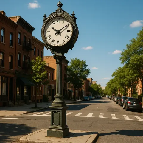 Vintage Street Clock Stands Tall in a Sunny Urban Neighborhood