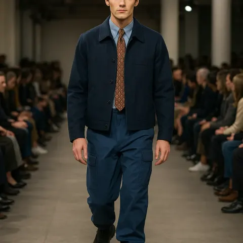 Male Model Walking Down a Runway Wearing a Navy Jacket