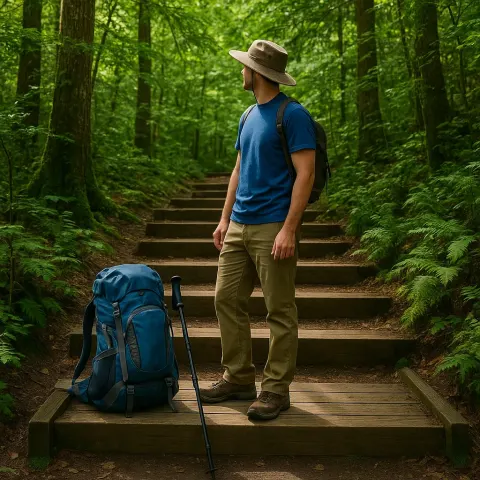 Hiker Wearing a Blue Shirt