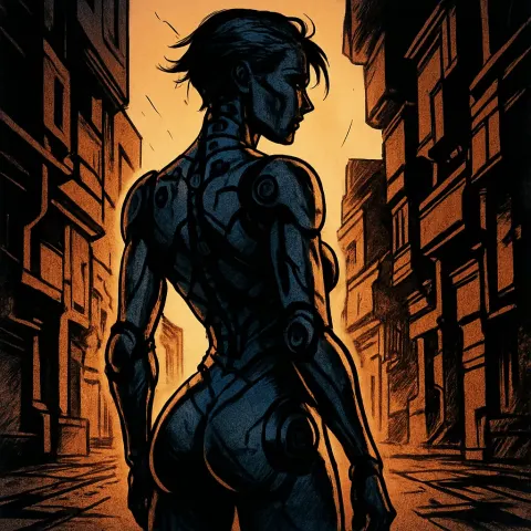 Cybernetic Woman in Dynamic Inked Comic Lines Gazes