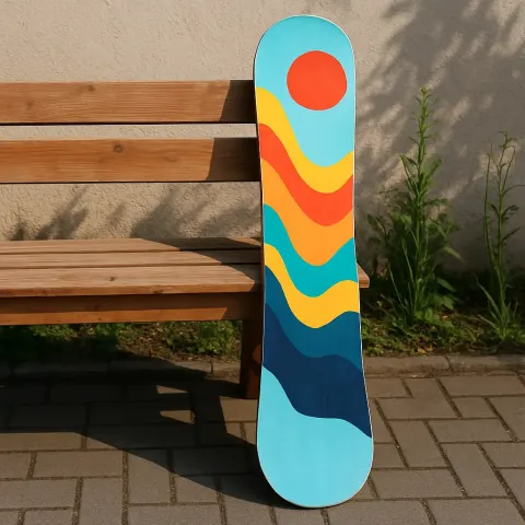 Wooden Bench with a Vibrant Snowboard Propped Up Against It
