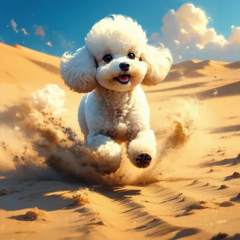 Vibrant Anime Poodle Dashing Through Desert Sands
