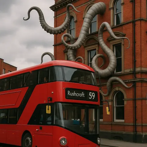 Double-decker Bus Labeled "Rushcroft 59" Passes by a Red Brick