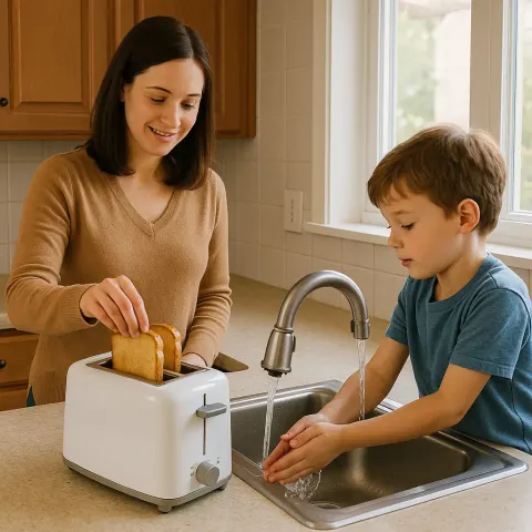 Describe a Scene Where People Are Engaging with a Toaster