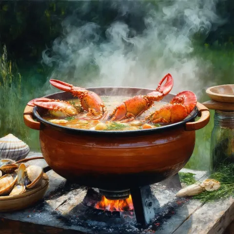 Impressionist Seafood Soup Steaming in a Clay Pot