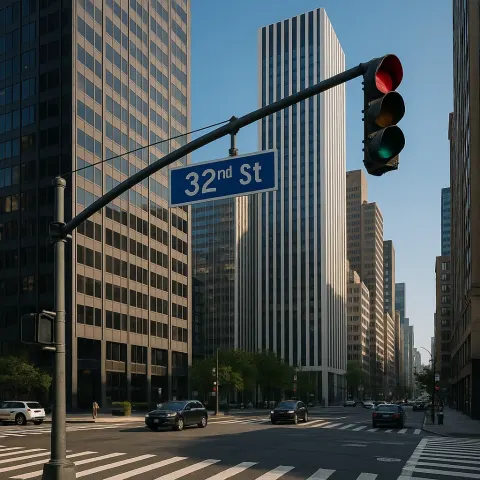 City Intersection with a Blue "32nd St" Street Sign