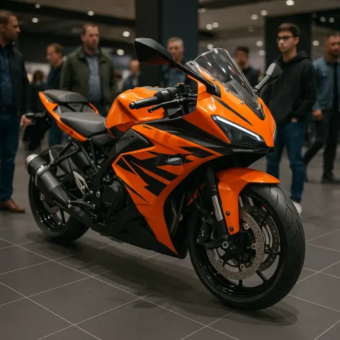Orange and Black Sports Motorcycle Displayed at an Indoor Showroom