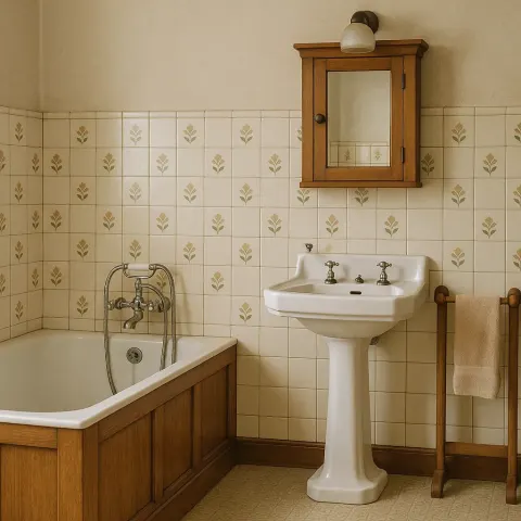 Vintage-style Bathroom Featuring a Wooden Bathtub Panel