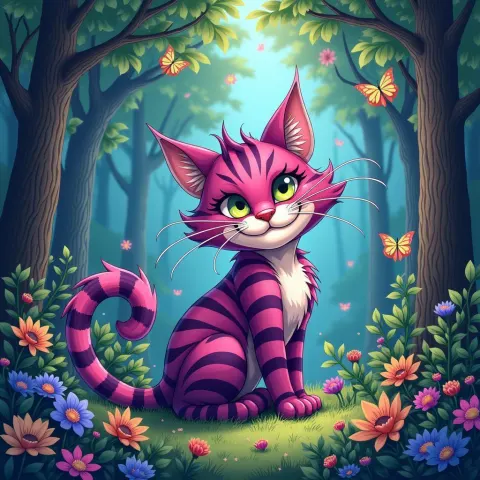 Cheshire Cat Grinning in a Dreamlike Forest