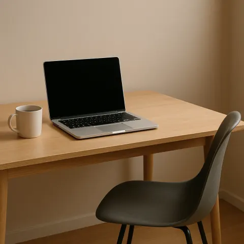 Desk Featuring a Laptop and a Coffee Mug Resting