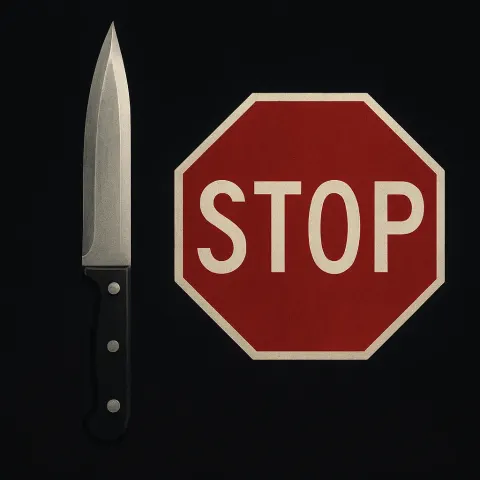 Pointed Blade Alongside a Red Stop Sign