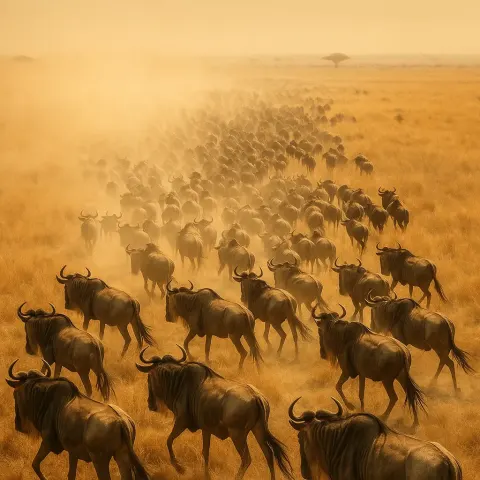 Vast Herd of Wildebeest Migrates Across an Endless