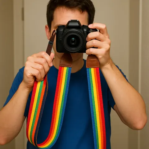 Person Wearing a Blue Shirt Is Seen Holding Colorful Camera