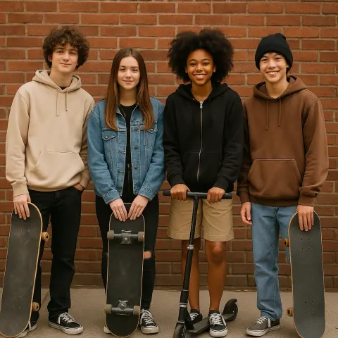 Group of Teenagers Standing on a Street Holding Skateboards