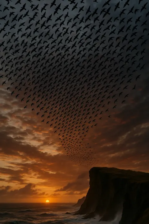 Vast Flock of Myriad Birds Wheels and Turns in Unison