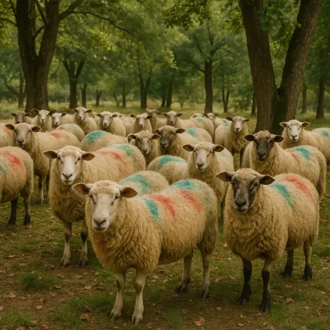 Flock of Sheep with Painted Markings on their Wool Stands