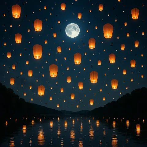 Countless Glowing Paper Lanterns Drift Skyward over a Tranquil