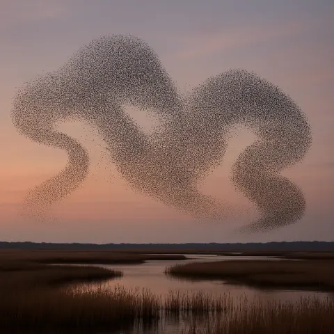 Vast Murmuration of Starlings Forms