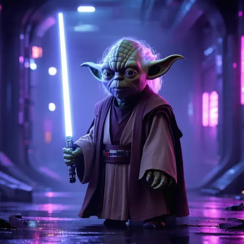 Yoda Poised for Battle in Neonpunk Shadows