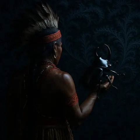 Indigenous Figure in Traditional Attire Presents a Semi-glossy Rhinoceros Beetle