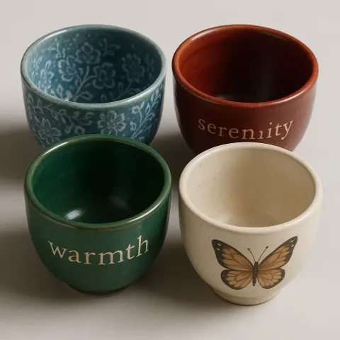 Ultra-realistic 3D Rendering of Four Ceramic Tea Cups Positioned Closely