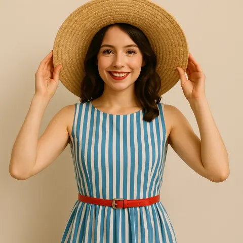 Woman Wearing a Striped Blue Sleeveless Dress