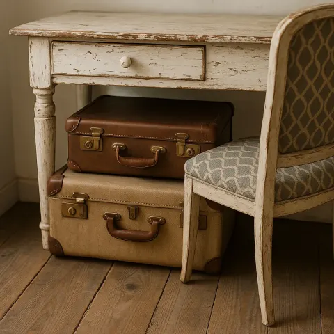 Two Vintage Suitcases Tucked Underneath a Distressed White Vanity Table