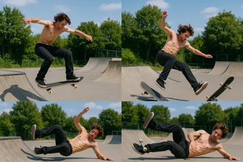 Shirtless Male Skateboarder Attempts a Trick on a Ramp