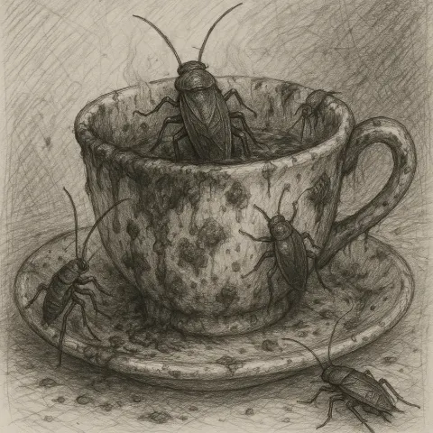 Highly Detailed Scene of a Grimy Teacup Encrusted with Mold
