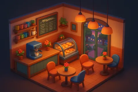 Construct a Lively Café Interior with a Whimsical 3D Aesthetic