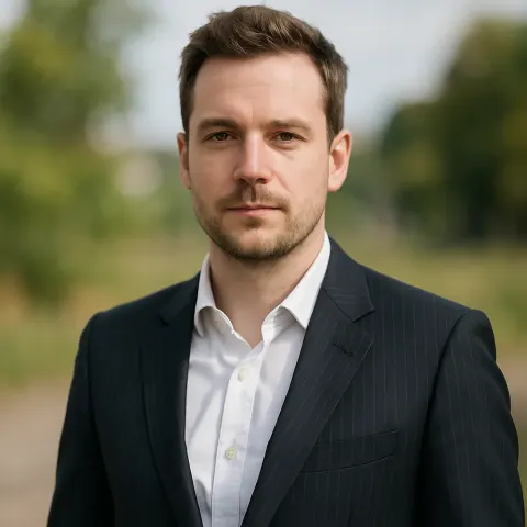 Man Wearing a Dark Pinstripe Suit Jacket