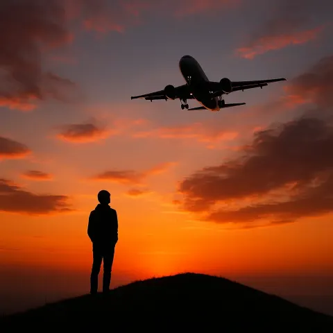 Picture of Someone Standing Atop a Hill While an Airplane