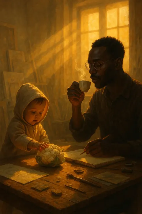 Hooded Toddler Curiously Touches a Cauliflower While a Dark-skinned Writer