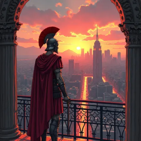 Roman Legionnaire Overlooks Neon Cyberpunk Sunset