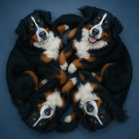 Four Varied Bernese Mountain Dogs Intertwine