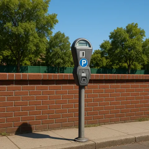 Parking Meter Stands Beside a Red Brick Wall