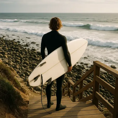 Surfer Holding a Surfboard Stands on Wooden Steps Overlooking