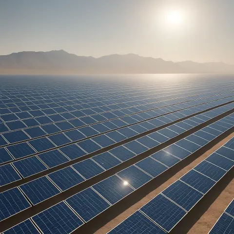 Vast Field of Countless Solar Panels Glints Uniformly