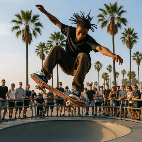 Skateboarder Performing a Trick in a Skate Park Surrounded