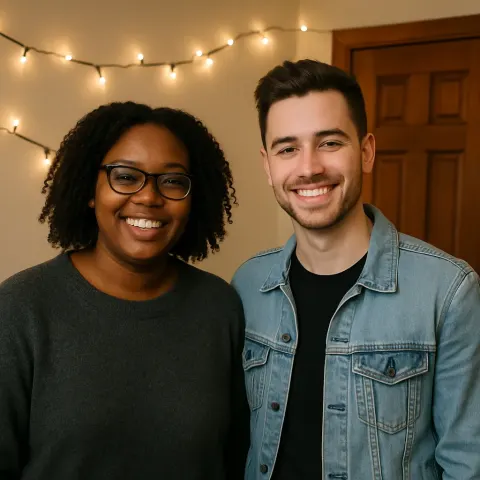 Two People Standing in a Room with String Lights