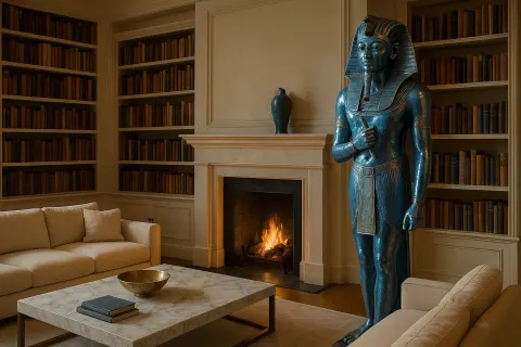 Envision an Opulent Living Space with an Imposing Egyptian Statue